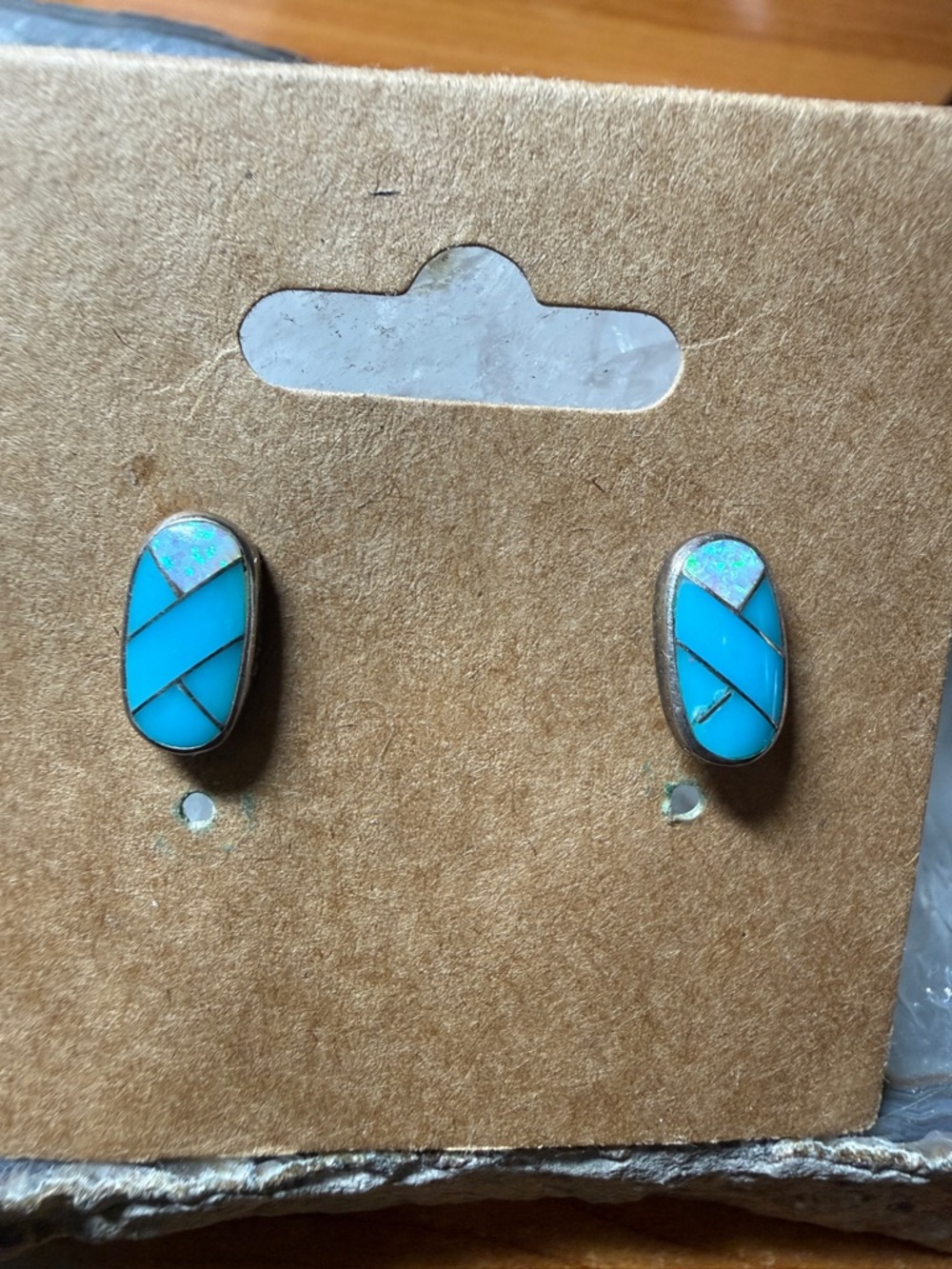 Zuni Native American Turquoise Inlay Oval Opal Turquoise Stud Earrings Signed OR - Picture 8 of 10